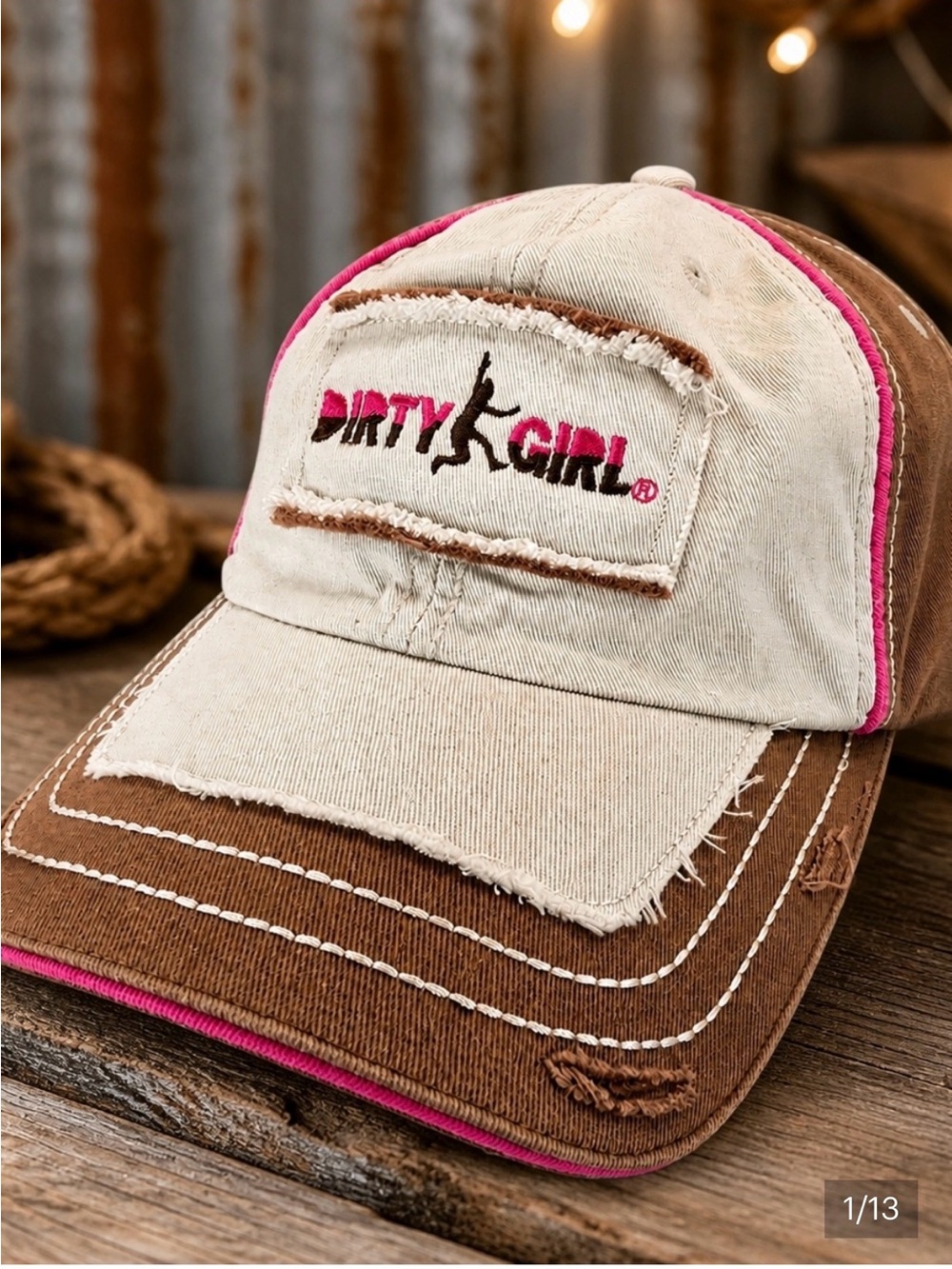 Distressed Two-Tone Baseball Cap in Cream and Brown